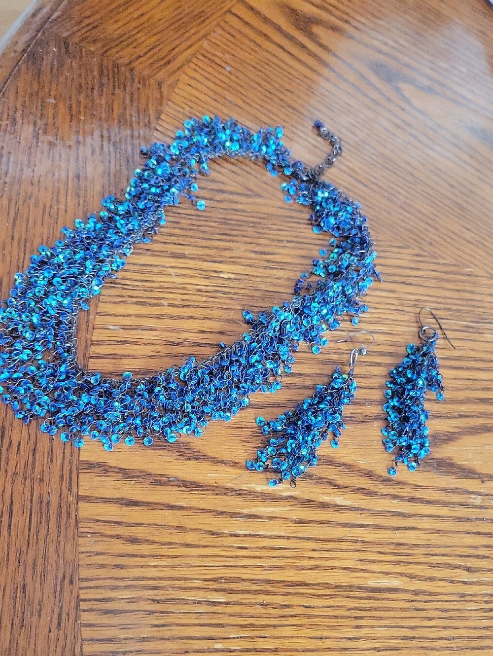 925 Silver Blue Beaded Statement Necklace and Earrings Set